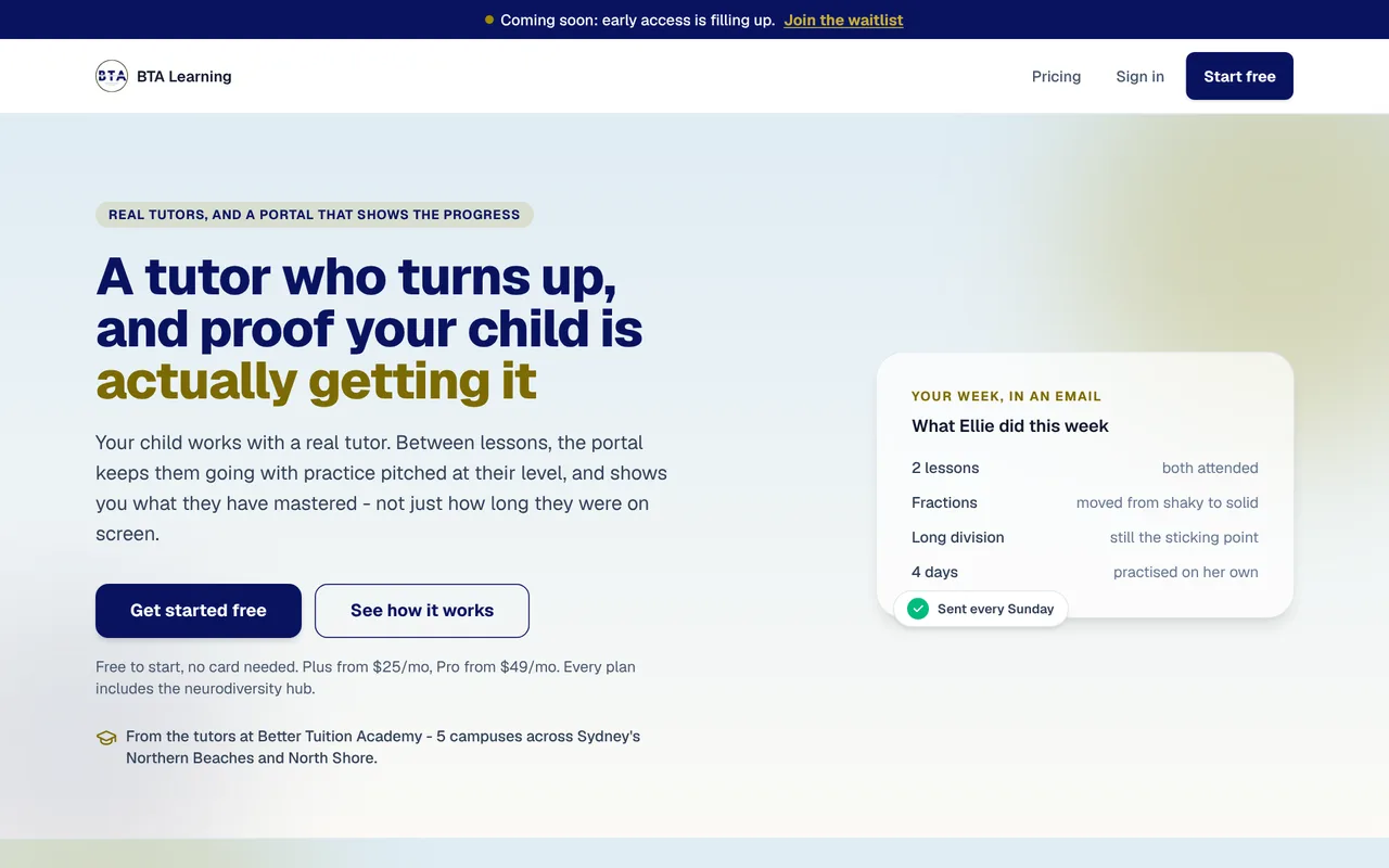 The BTA Learning home page, with an example weekly progress email for a made-up student.