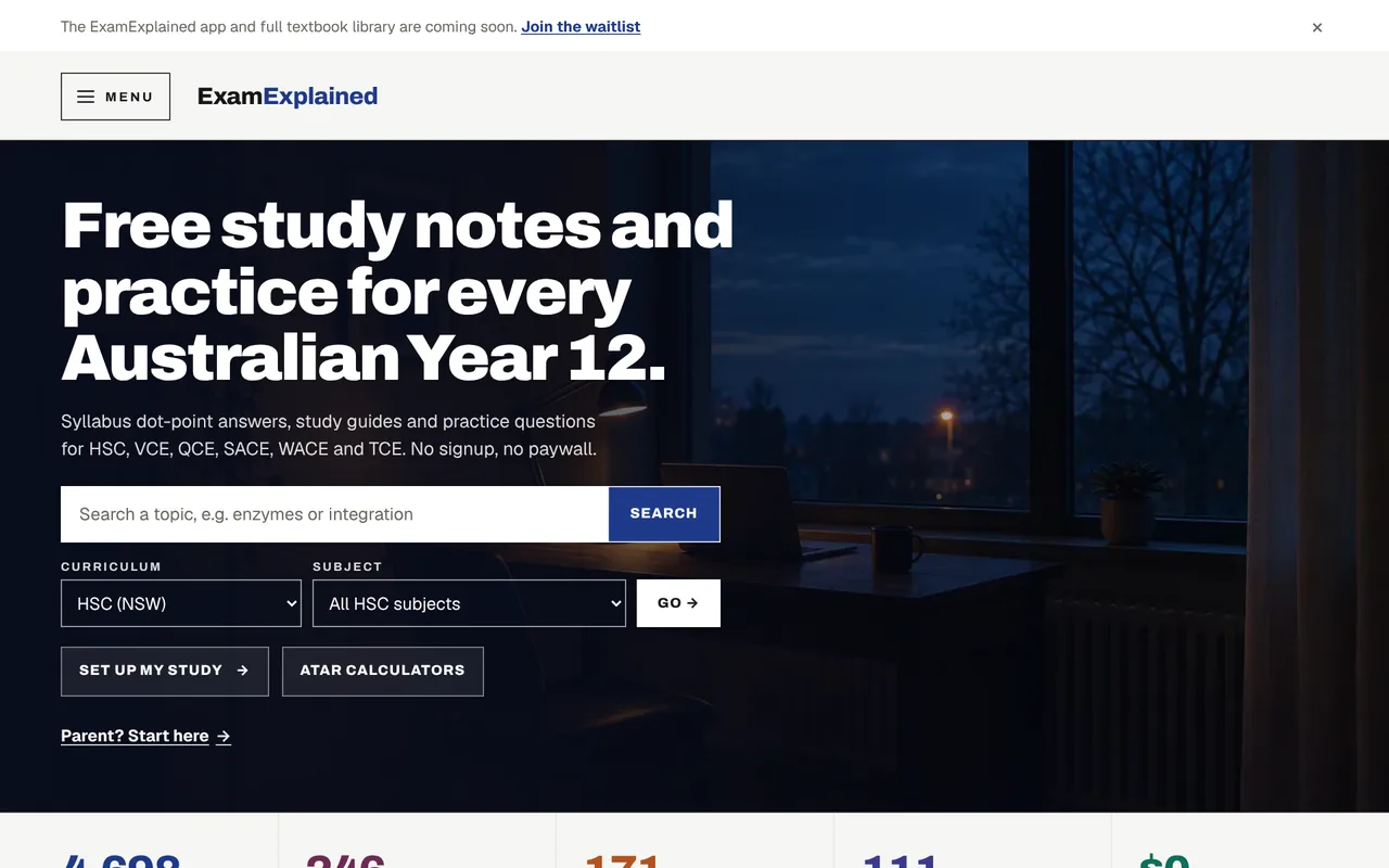 The ExamExplained home page: 'Free study notes and practice for every Australian Year 12', with a topic search.