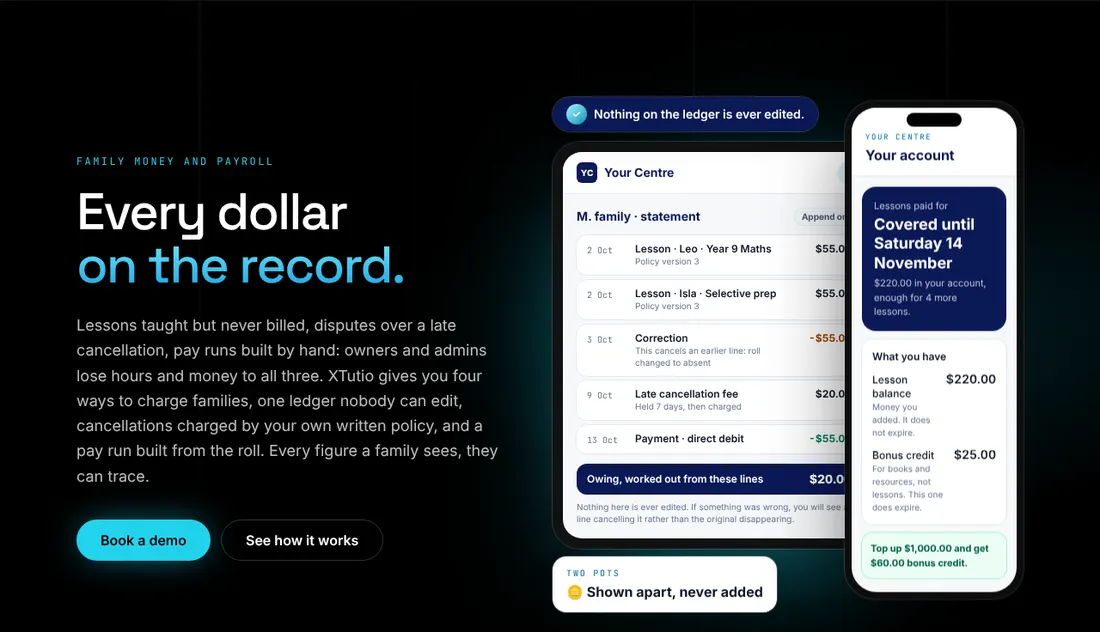 XTutio's money page: a family statement showing lessons charged and payments received.