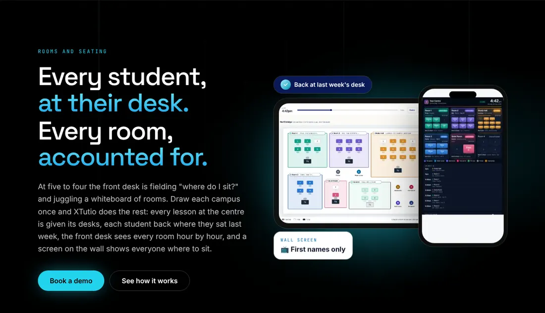 XTutio's rooms page: a floor plan with students placed at desks.