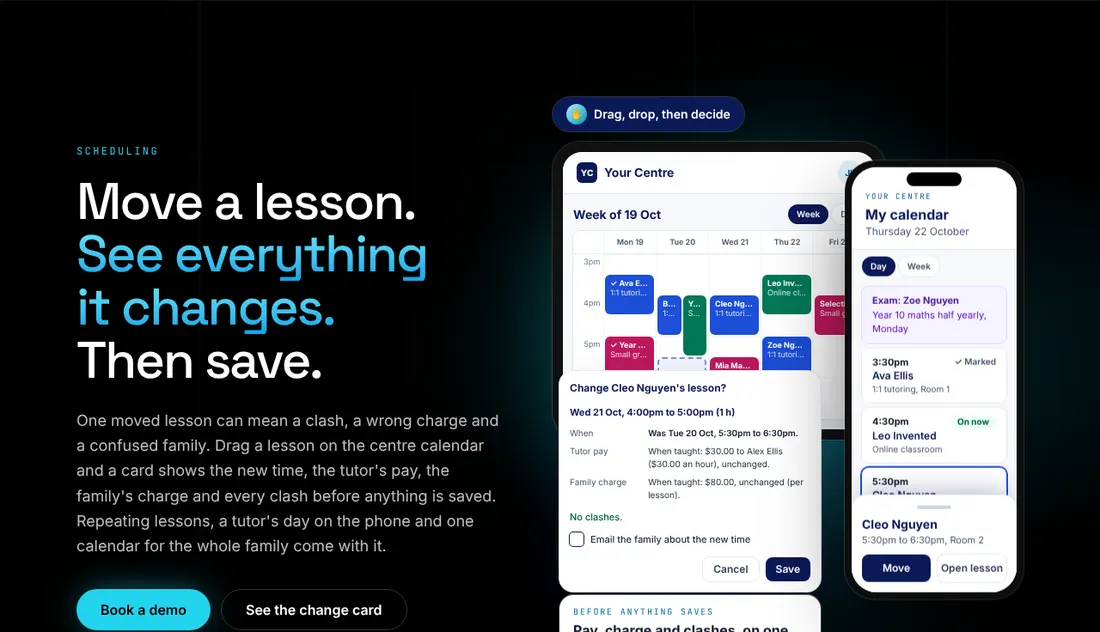 XTutio's scheduling page: a weekly timetable with a lesson being moved.