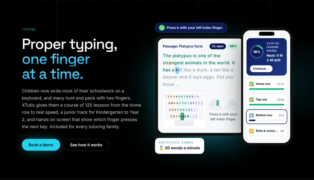 XTutio's typing page: a practice passage and a lesson list.