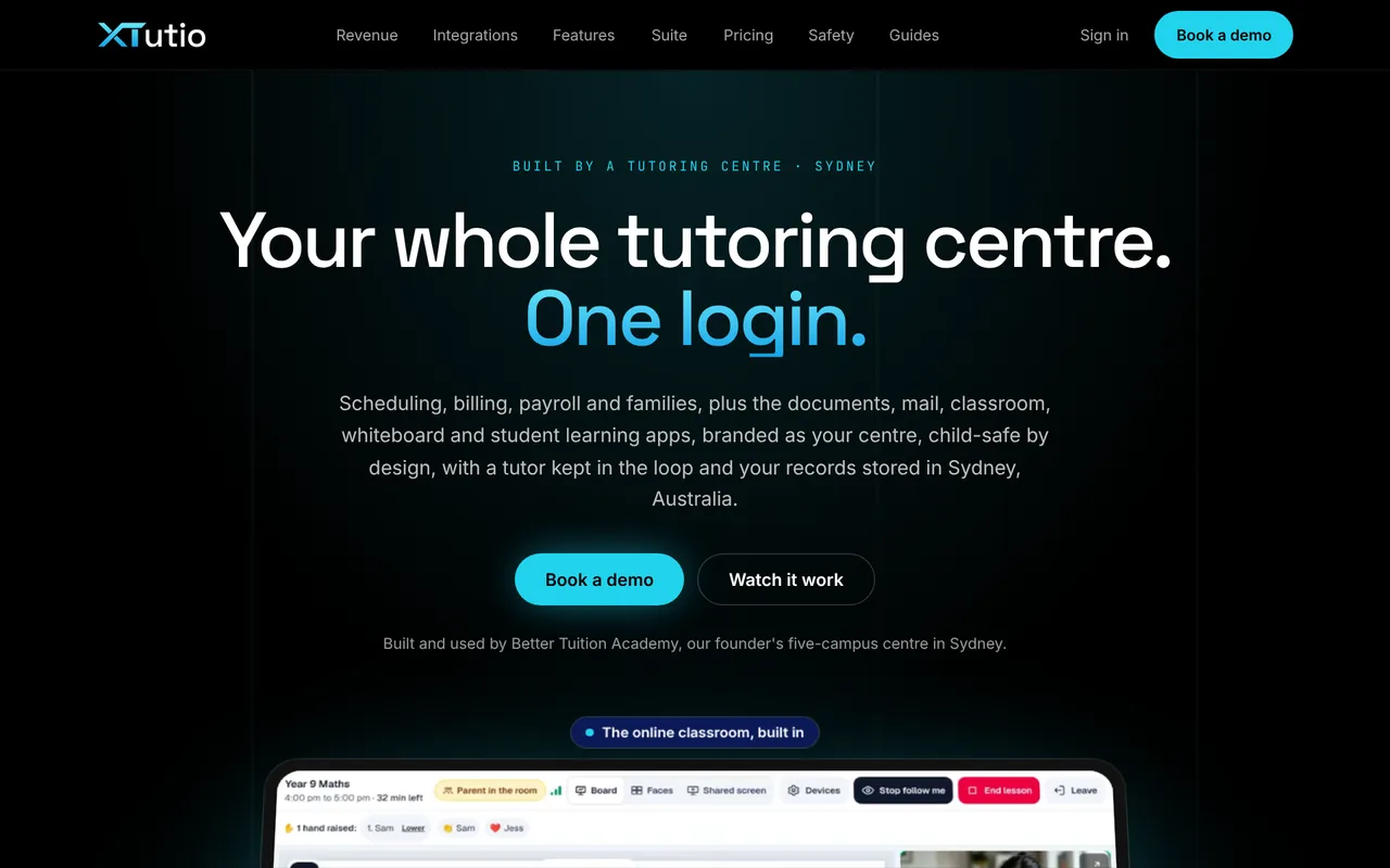 The XTutio website home page, showing the headline 'Your whole tutoring centre. One login.'